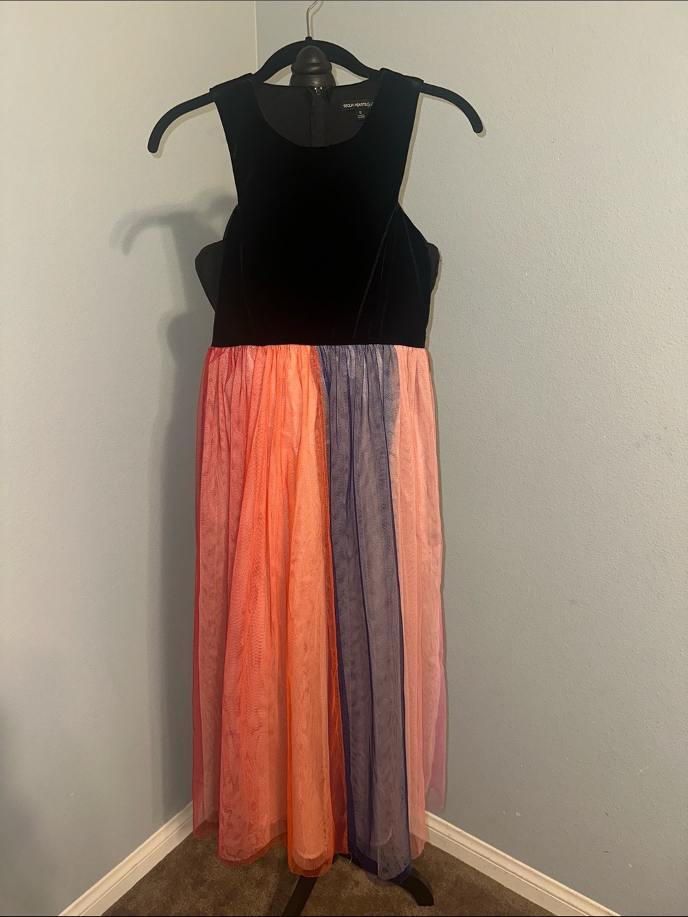 Girls' Black Velvet Bodice Multi-Color Tulle Skirt Dress